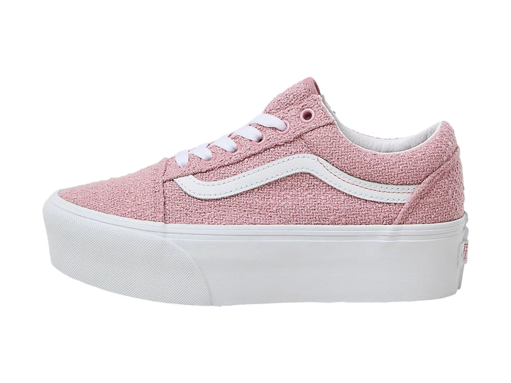 Tenis Vans Old Skool Stackform en color rosa foxglove con suela de plataforma blanca.