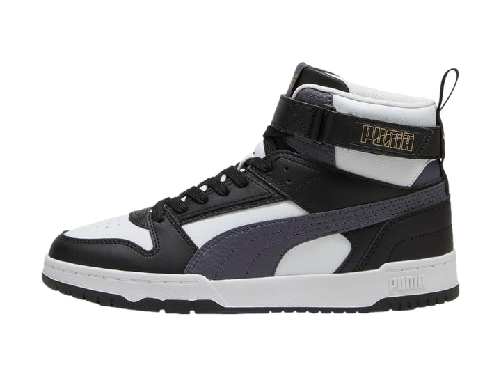 Tenis PUMA RBD Game de bota alta en colores negro, blanco y gris con correa ajustable en el tobillo.