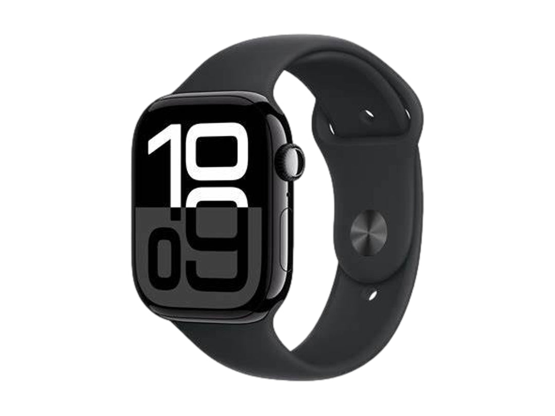 Apple Watch Serie 10 de aluminio negro con correa negra y pantalla digital encendida sobre fondo blanco.