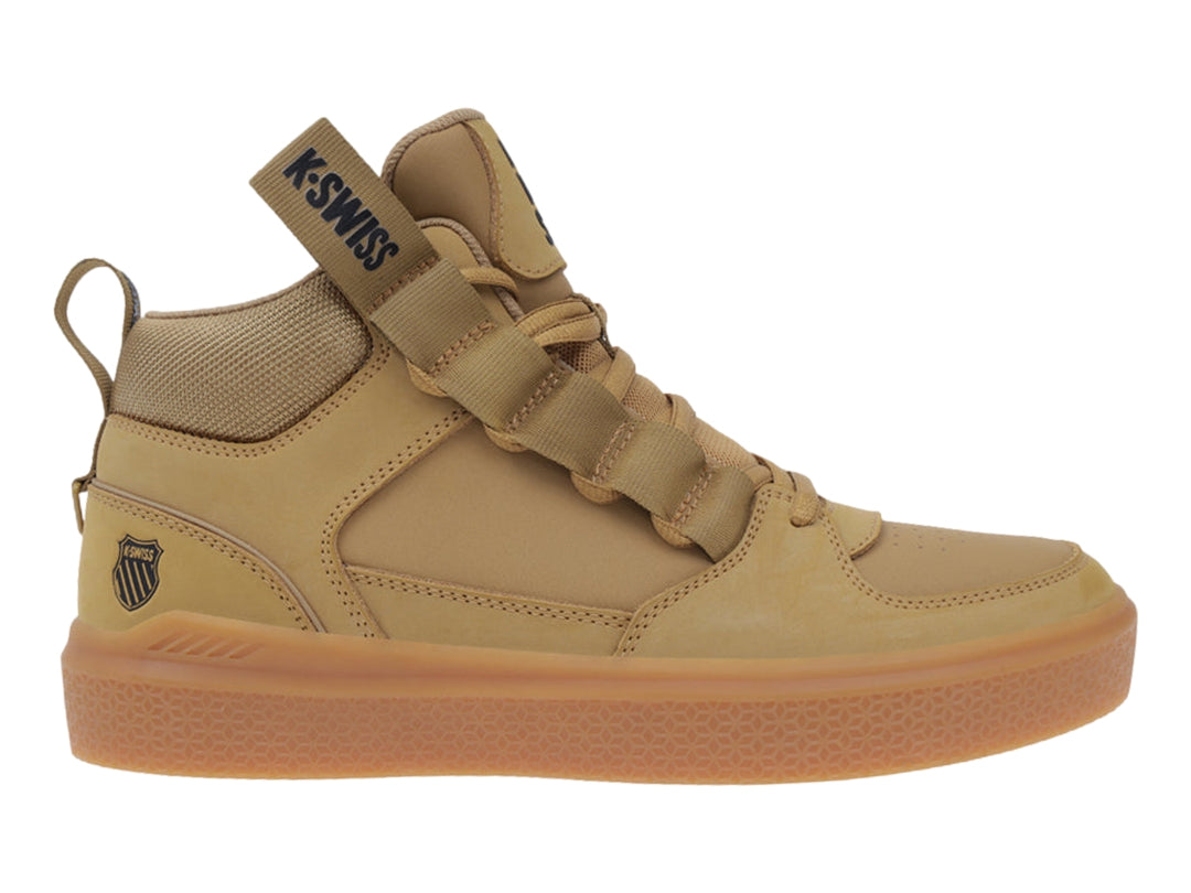 Tenis K-Swiss Roof Mid en color miel con suela de goma y diseño de corte medio.