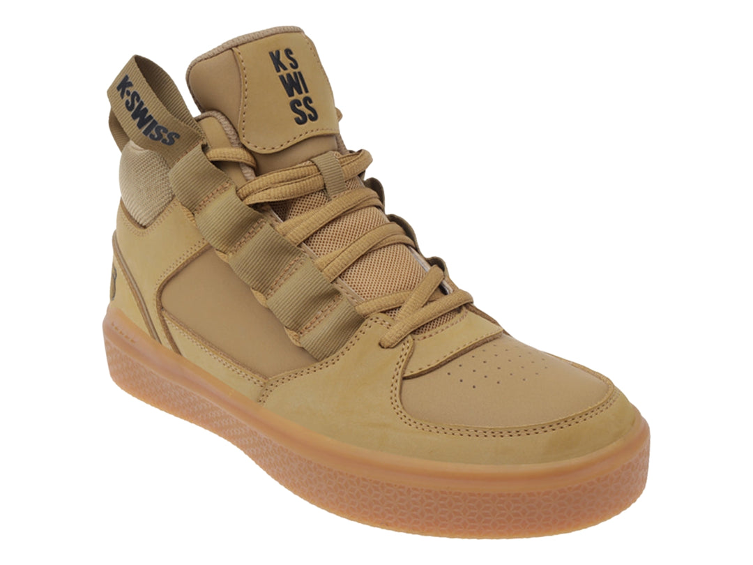 Tenis K-Swiss Roof Mid en color miel con suela de goma y diseño de corte medio.
