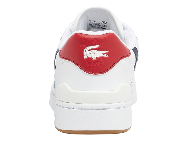 Tenis Lacoste blancos con detalles en azul marino y rojo y suela color miel.