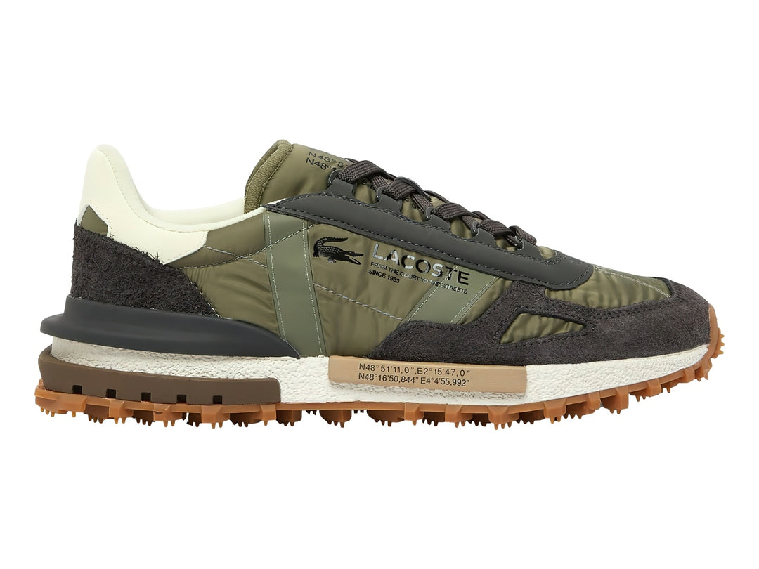 Tenis deportivos Lacoste en color verde oliva y marrón con suela rugosa para terreno activo.