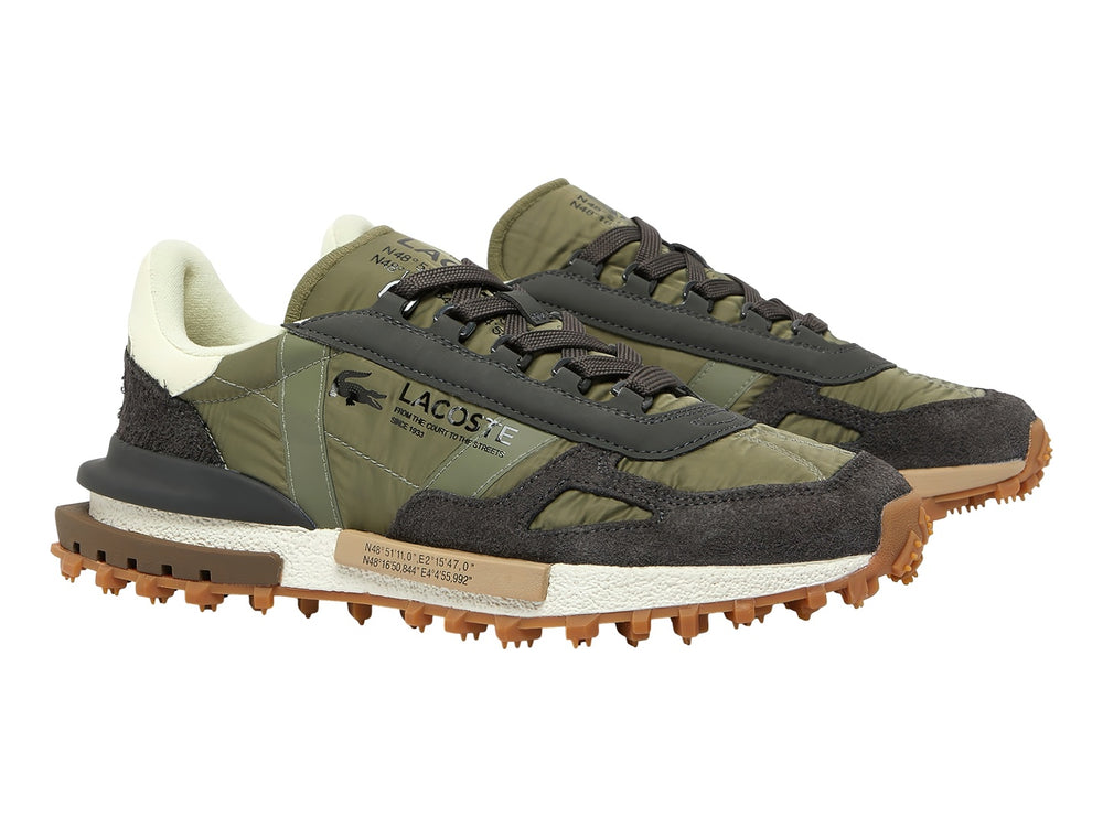 Tenis deportivos Lacoste en color verde oliva y marrón con suela rugosa para terreno activo.