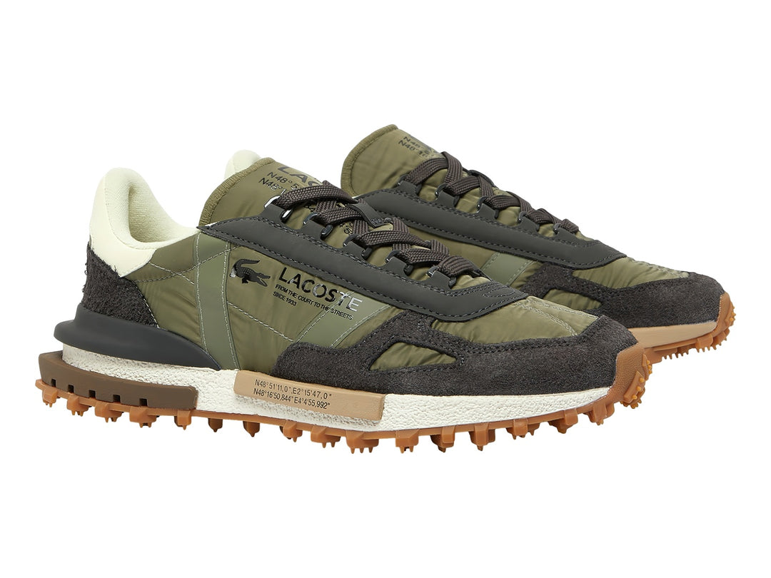 Tenis deportivos Lacoste en color verde oliva y marrón con suela rugosa para terreno activo.