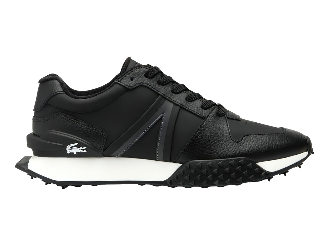 Tenis Lacoste L-Spin Deluxe 2.0 en color negro con suela blanca y detalles en cuero rugoso.
