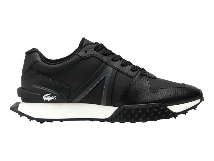 Tenis Lacoste L-Spin Deluxe 2.0 en color negro con suela blanca y detalles en cuero rugoso.