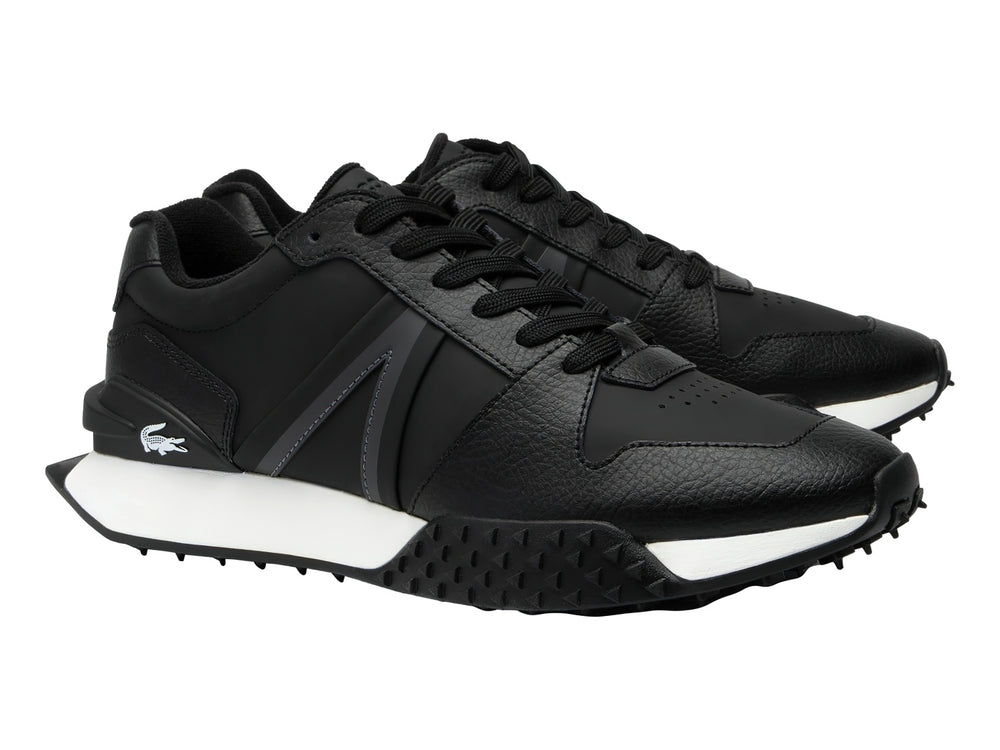 Tenis Lacoste L-Spin Deluxe 2.0 en color negro con suela blanca y detalles en cuero rugoso.