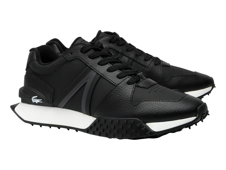 Tenis Lacoste L-Spin Deluxe 2.0 en color negro con suela blanca y detalles en cuero rugoso.