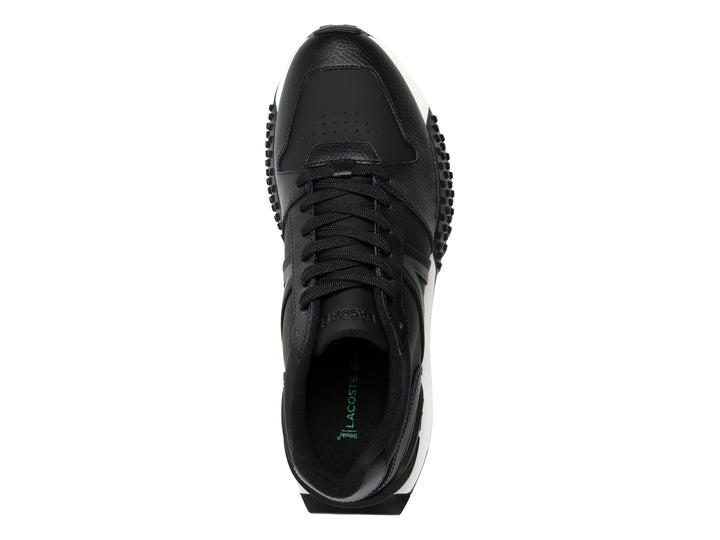 Tenis Lacoste L-Spin Deluxe 2.0 en color negro con suela blanca y detalles en cuero rugoso.