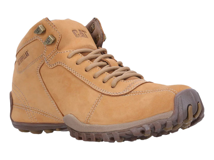 Bota Caterpillar de color miel en cuero nubuck con suela marrón y agujetas coordinadas.