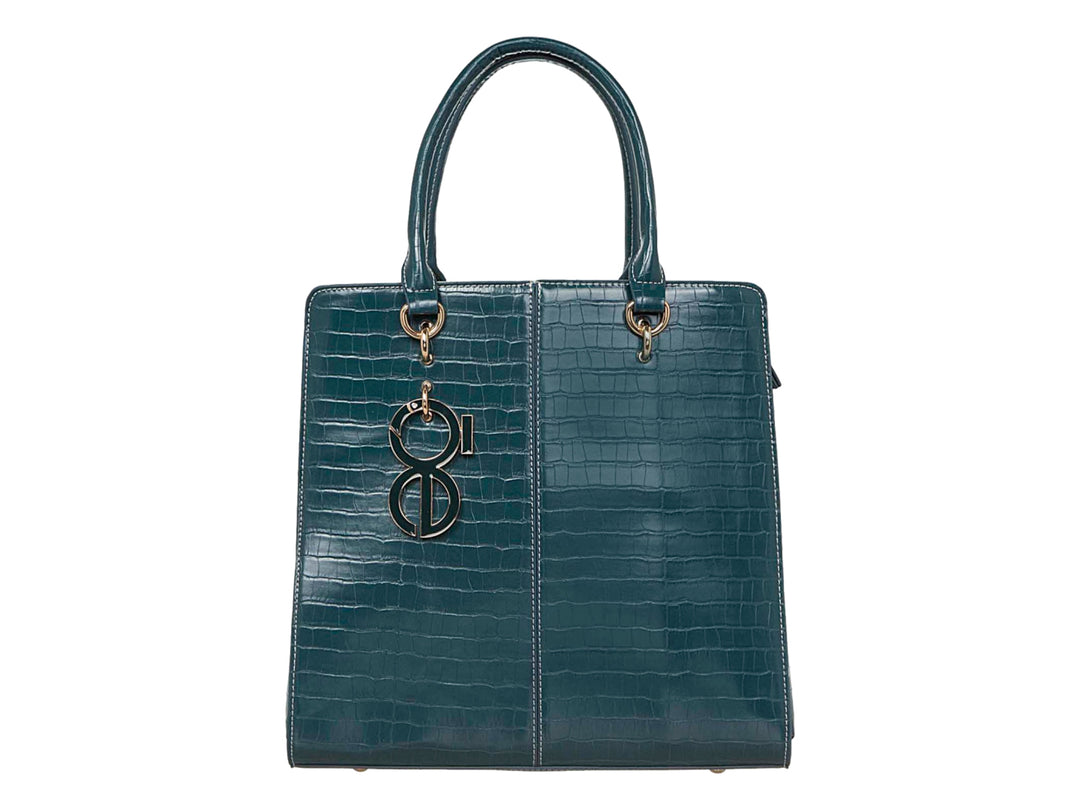 Bolso de mano color verde oscuro con textura de piel de cocodrilo y detalles metálicos dorados.