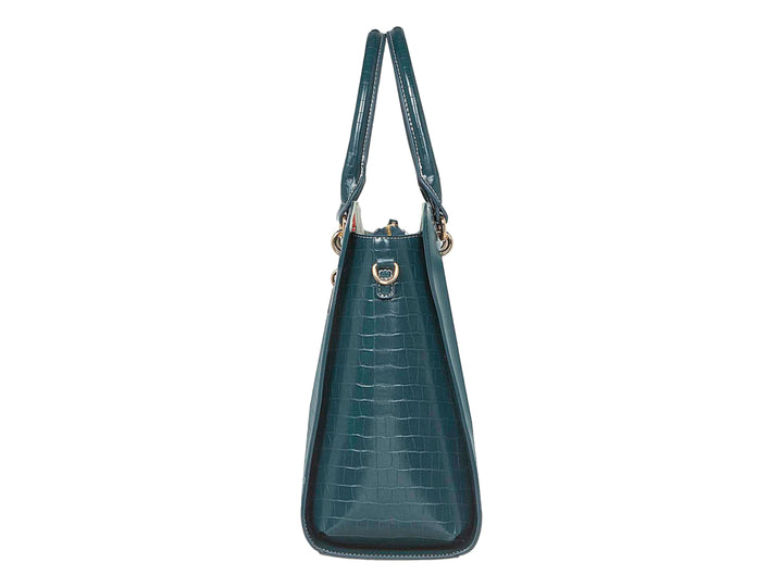 Bolso de mano color verde oscuro con textura de piel de cocodrilo y detalles metálicos dorados.