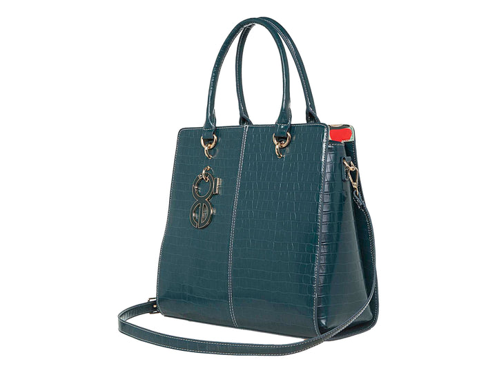 Bolso de mano color verde oscuro con textura de piel de cocodrilo y detalles metálicos dorados.