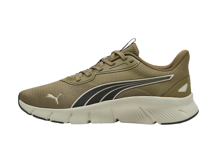 Tenis PUMA Flex Focus Lite Modern color oliva y beige con suela blanca y detalles negros.