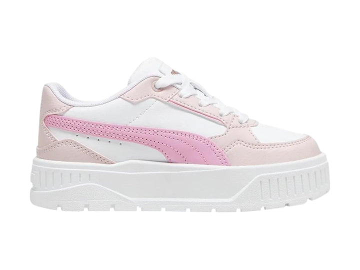 Tenis PUMA blancos con detalles en rosa y suela de plataforma blanca.