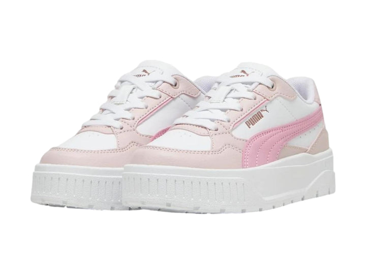 Tenis PUMA blancos con detalles en rosa y suela de plataforma blanca.