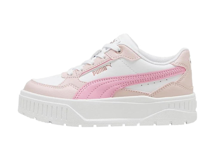 Tenis PUMA blancos con detalles en rosa y suela de plataforma blanca.