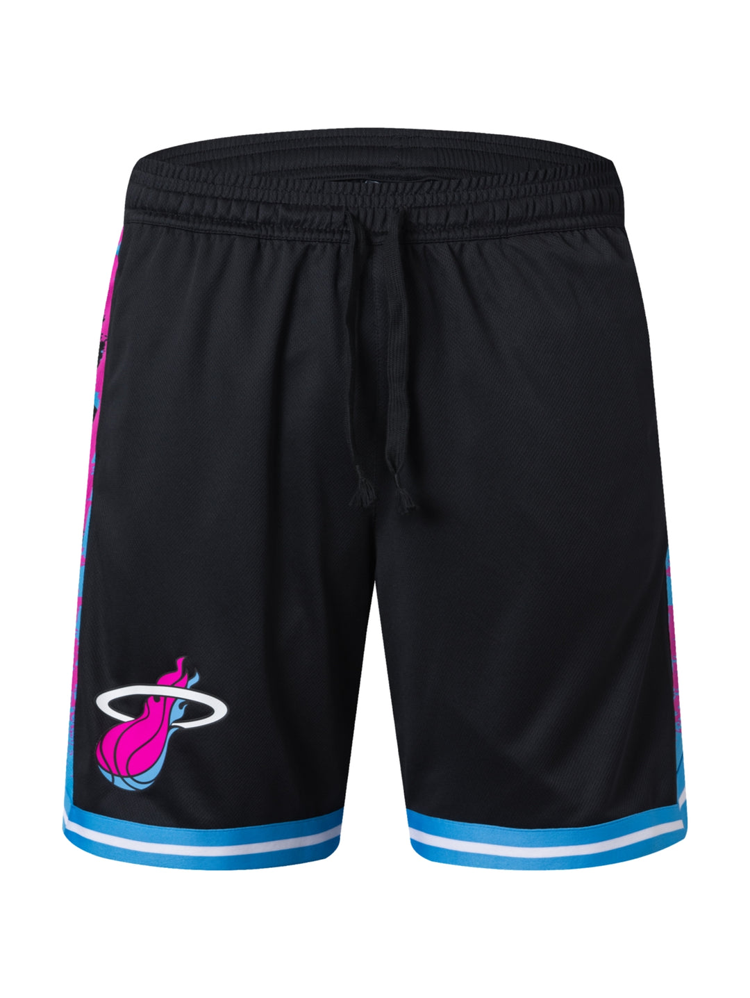 Shorts deportivos negros con franjas azules y blancas en el borde inferior y detalles en rosa.