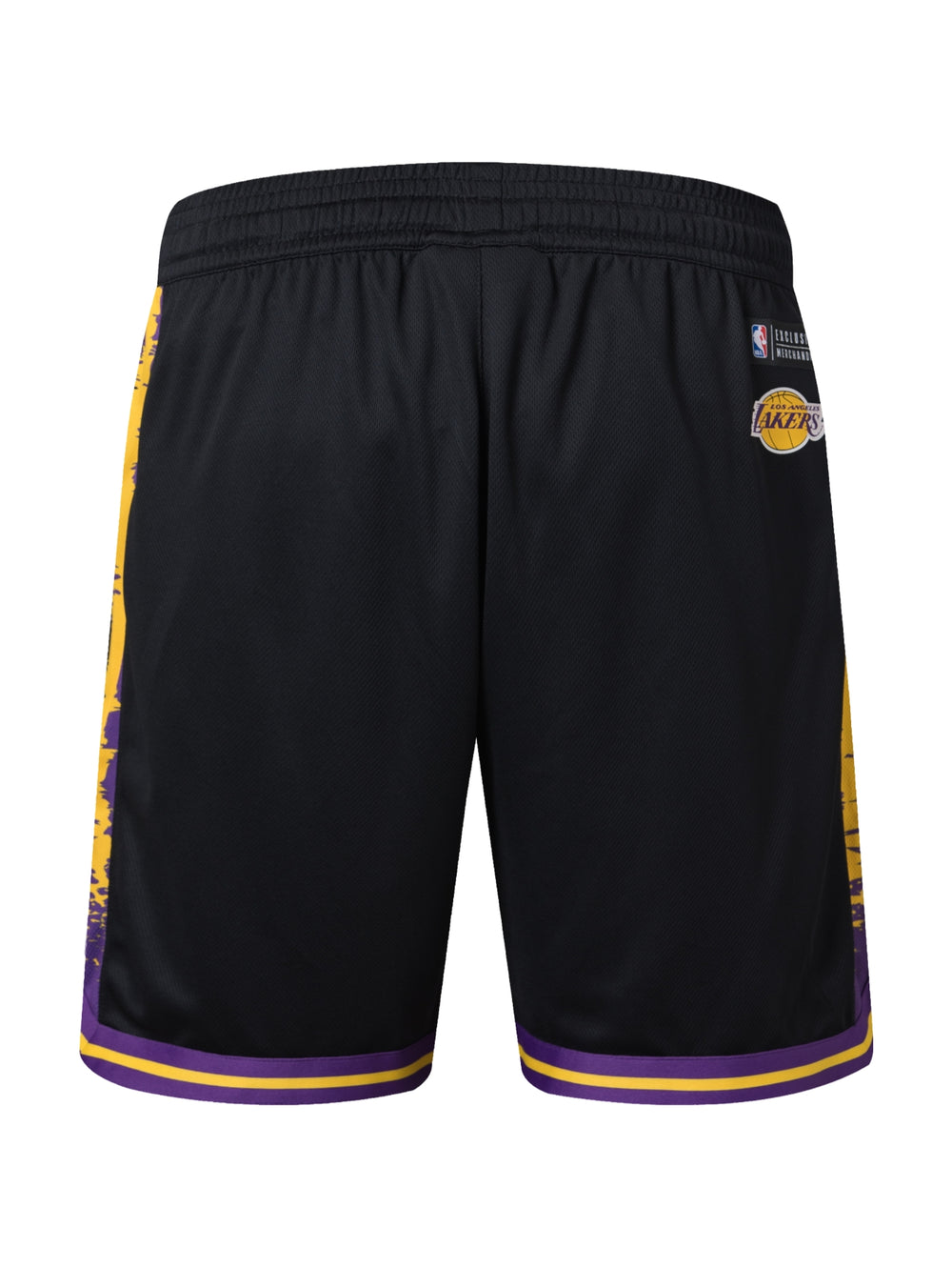 Pantalones cortos deportivos negros de la NBA con detalles en morado y amarillo y logo frontal.