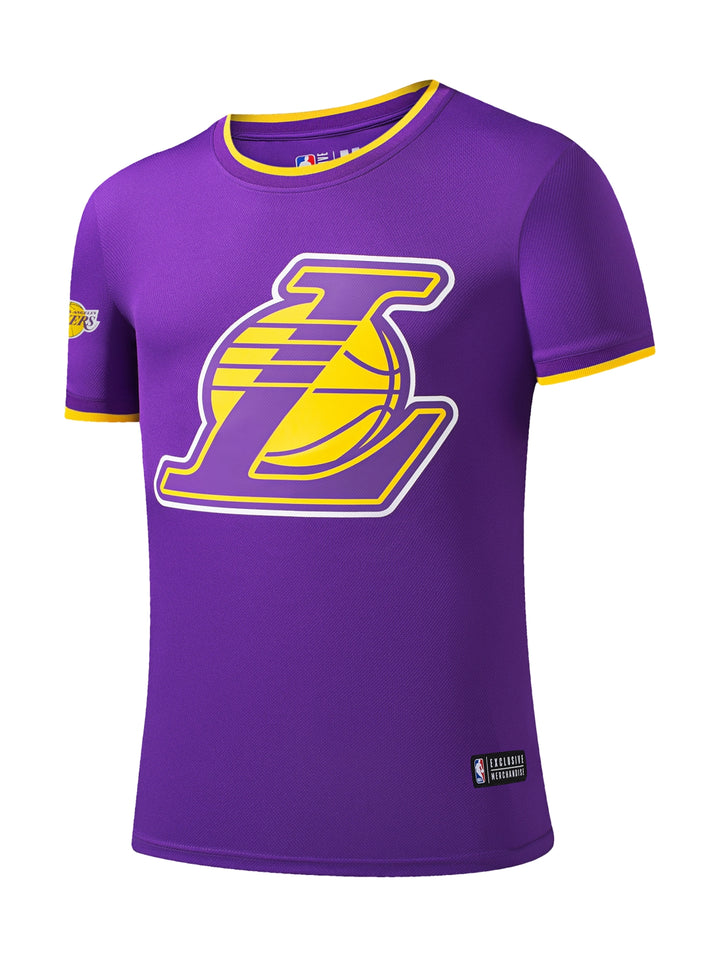 Jersey deportivo de los Los Angeles Lakers en color púrpura con detalles amarillos y logo frontal.