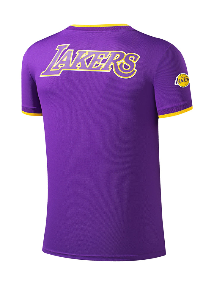 Jersey deportivo de los Los Angeles Lakers en color púrpura con detalles amarillos y logo frontal.