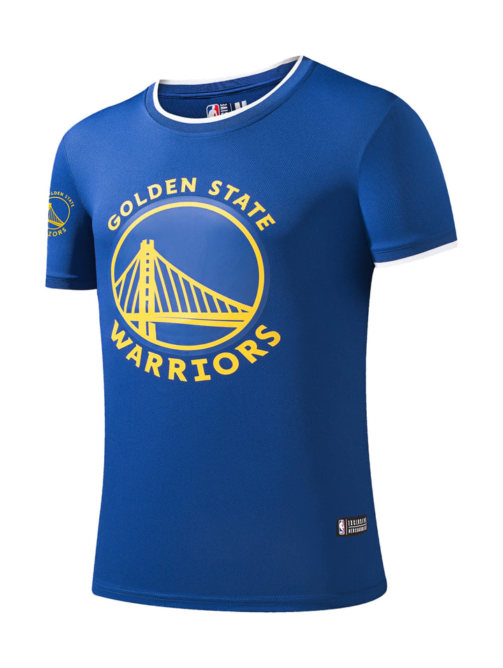 Jersey deportivo azul de los Golden State Warriors con logo amarillo frontal y detalles blancos en el cuello.