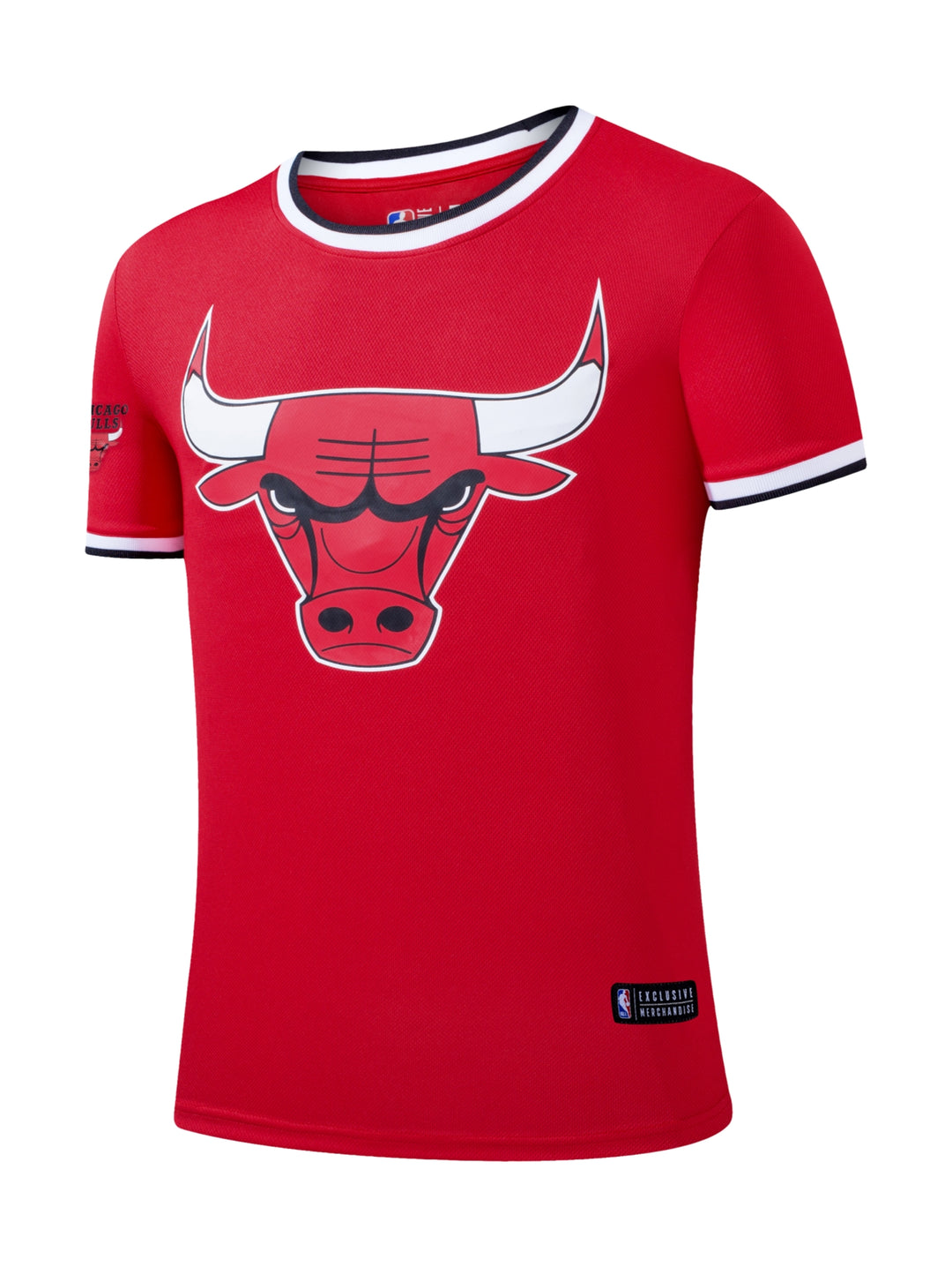 Jersey deportivo rojo de los Chicago Bulls de la NBA con logo frontal y detalles en blanco y negro.