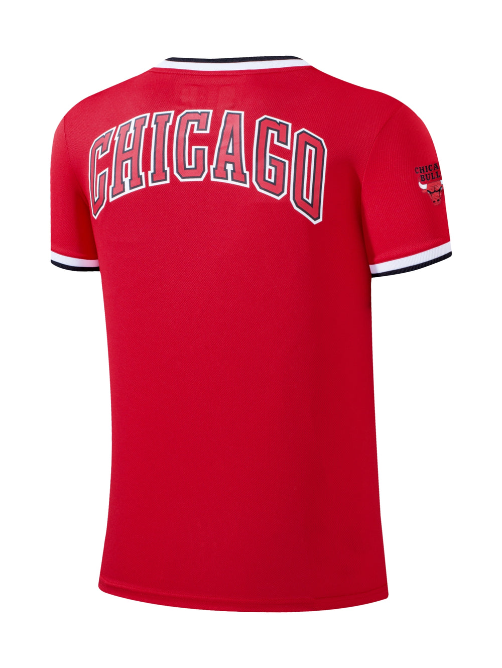 Jersey deportivo rojo de los Chicago Bulls de la NBA con logo frontal y detalles en blanco y negro.