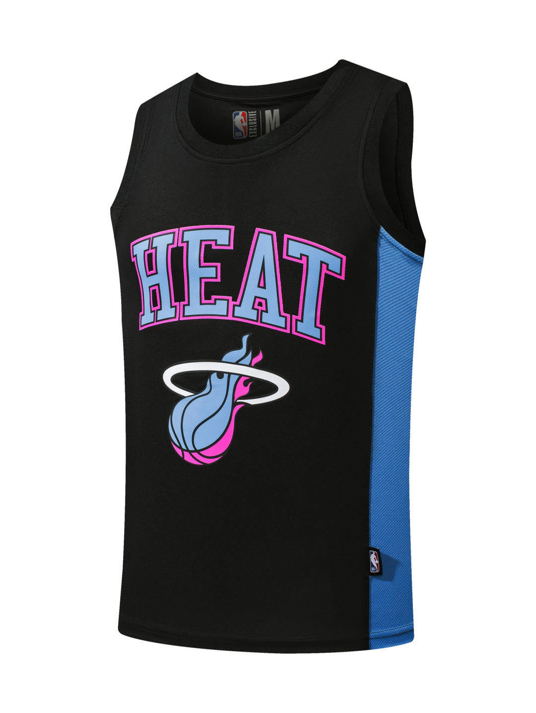 Jersey de basquetbol negro sin mangas con la palabra HEAT en rosa y azul y panel lateral azul.