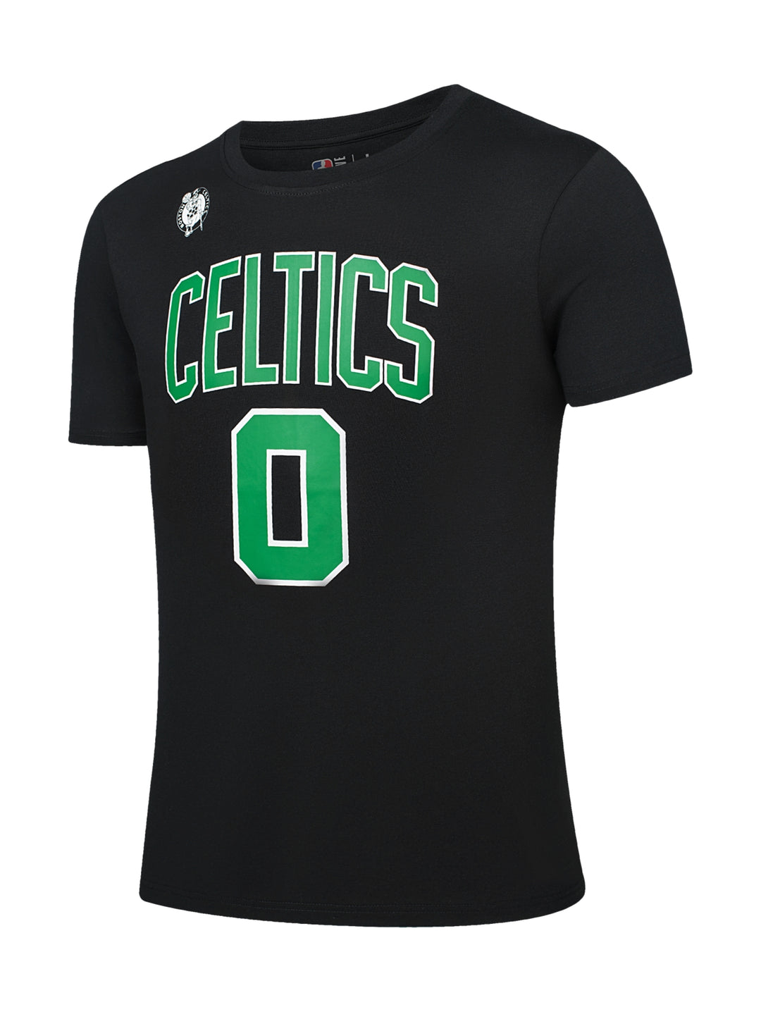 Camiseta negra de manga corta con el nombre Celtics y el número 0 en color verde y blanco.