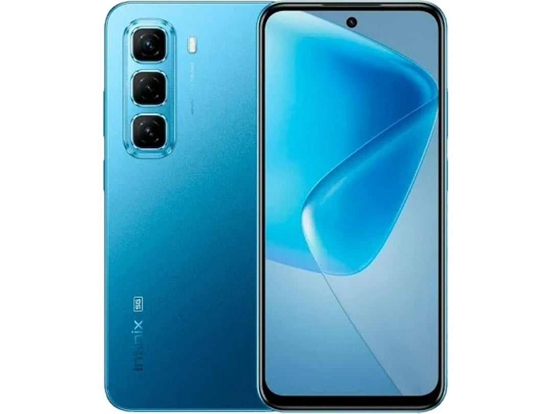 Teléfono inteligente Infinix Hot 50 Pro en color azul con vista frontal y trasera.
