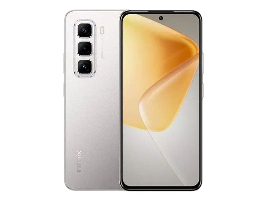 Teléfono inteligente Infinix Hot 50 Pro en color gris, vista frontal y trasera.