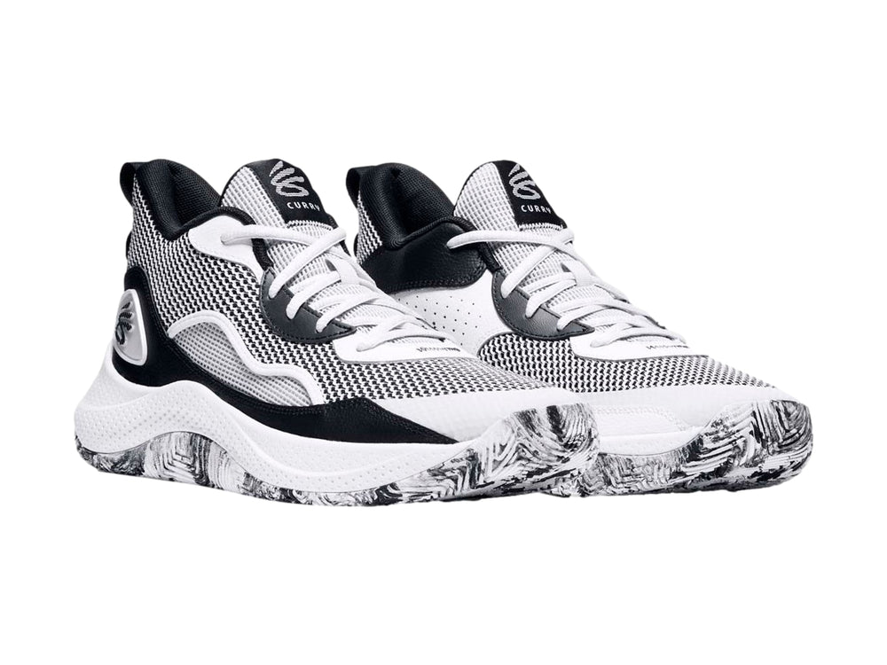 Tenis de baloncesto Under Armour Curry 3Z en color blanco y negro con detalles en malla.