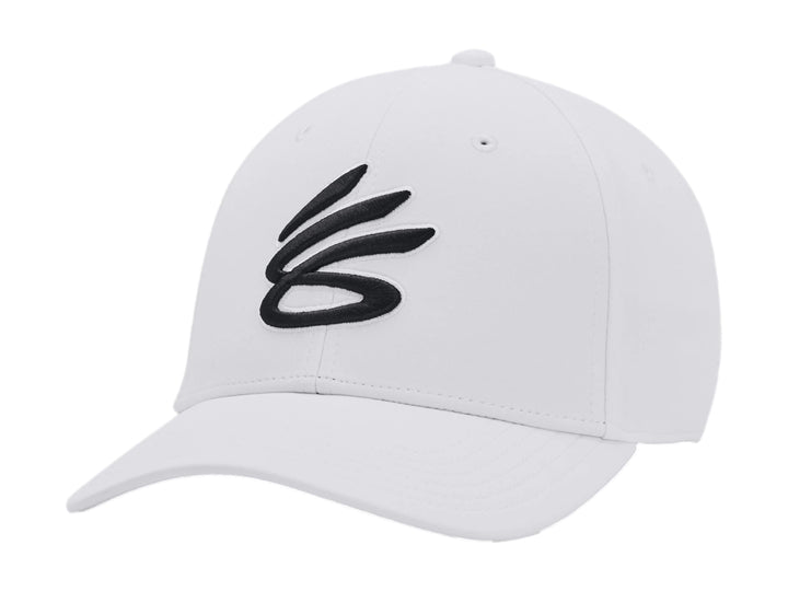 Gorra Under Armour blanca con logotipo de Stephen Curry en color negro en el frente.