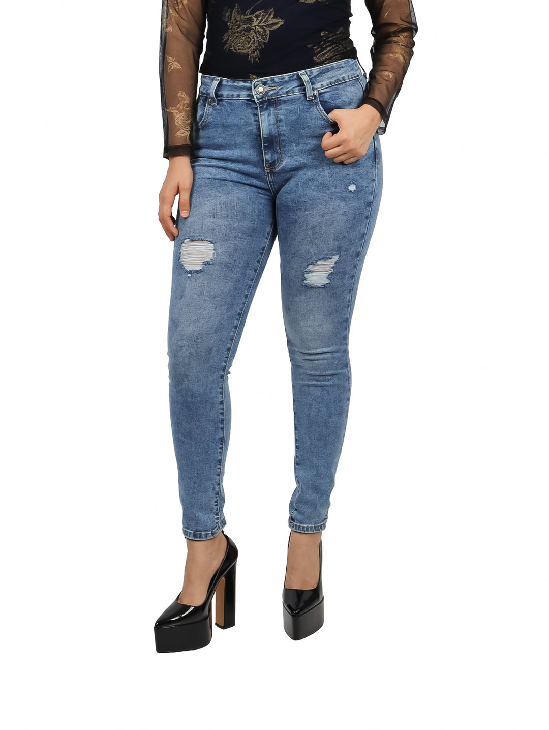 Pantalones jeans ajustados para mujer en color azul con efecto desgastado y roturas.