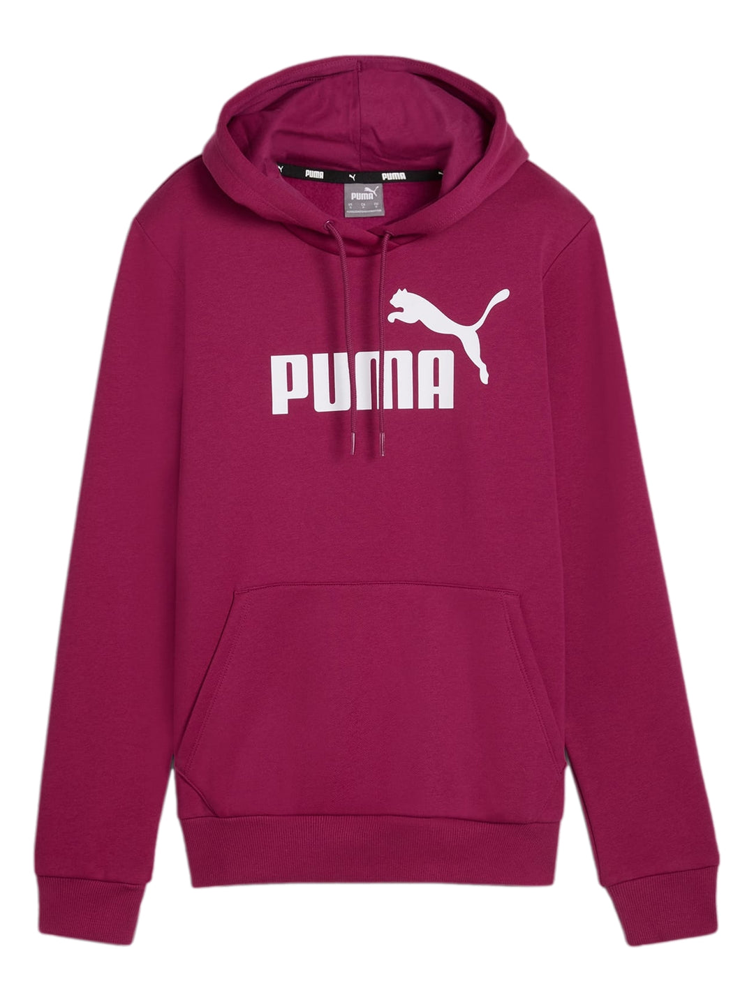 Mujer vistiendo sudadera con capucha y pantalones deportivos color magenta con logotipo de PUMA en blanco.