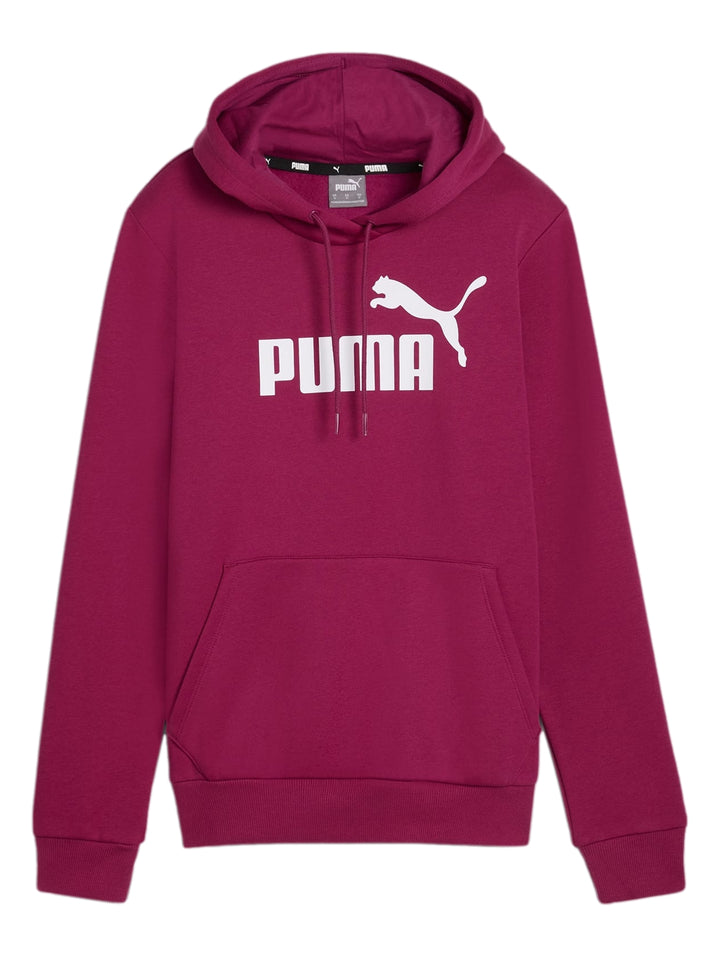 Mujer vistiendo sudadera con capucha y pantalones deportivos color magenta con logotipo de PUMA en blanco.
