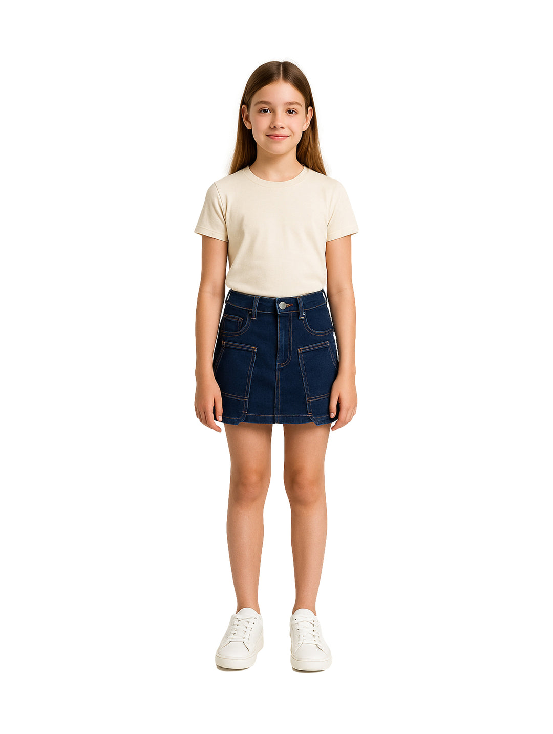 Niña vistiendo una falda corta de mezclilla azul oscuro estilo cargo con camiseta beige y tenis blancos.