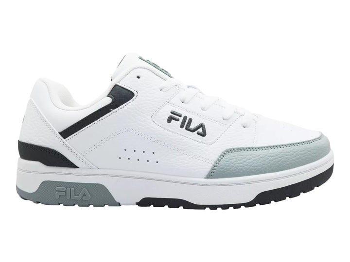 Tenis FILA blancos con detalles en gris y negro, diseño de corte bajo.
