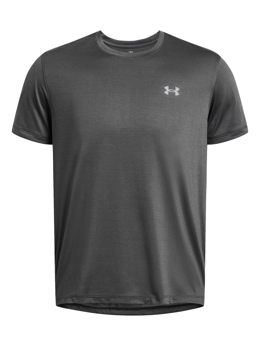Hombre vistiendo una camiseta deportiva de manga corta color gris de la marca Under Armour.
