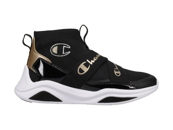 Tenis deportivos Champion color negro con suela blanca y detalles dorados
