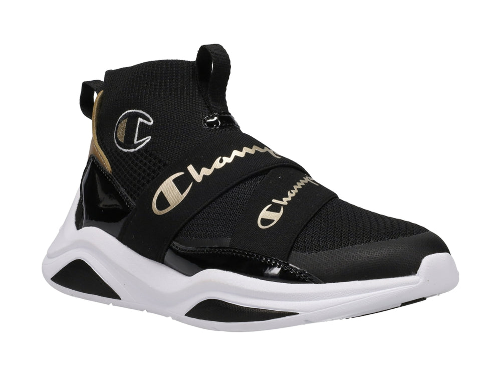 Tenis deportivos Champion color negro con suela blanca y detalles dorados