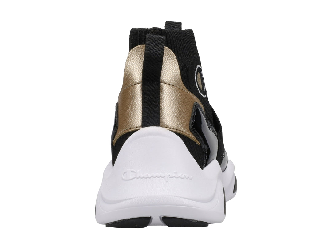 Tenis deportivos Champion color negro con suela blanca y detalles dorados