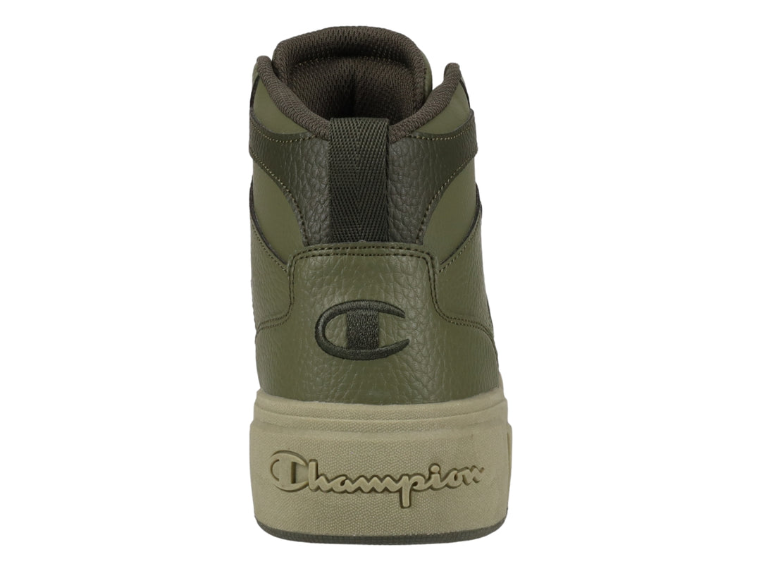 Tenis Champion de cuello alto en color verde oliva con suela gruesa y textura de cuero sintético.