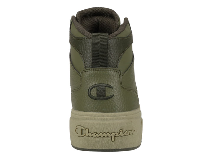Tenis Champion de cuello alto en color verde oliva con suela gruesa y textura de cuero sintético.