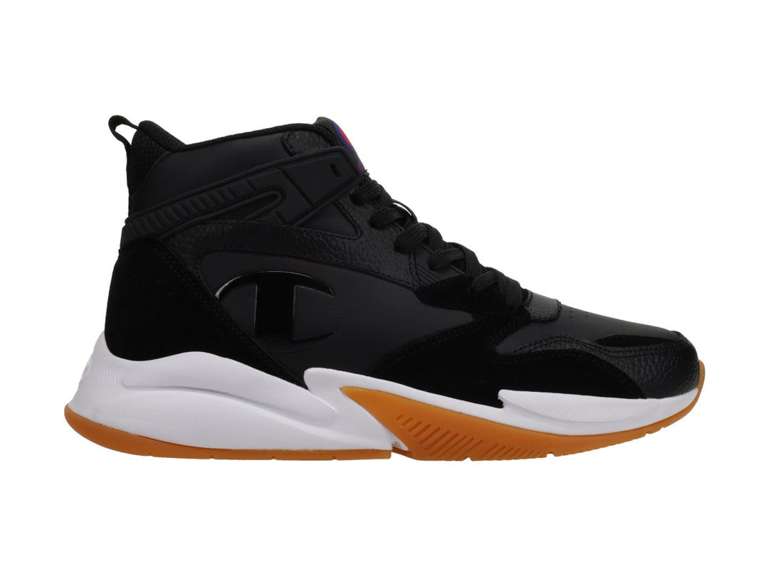 Tenis deportivos Champion de bota alta color negro con suela blanca y base de goma color miel.