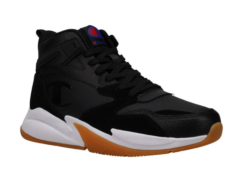 Tenis deportivos Champion de bota alta color negro con suela blanca y base de goma color miel.
