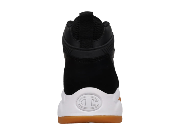 Tenis deportivos Champion de bota alta color negro con suela blanca y base de goma color miel.