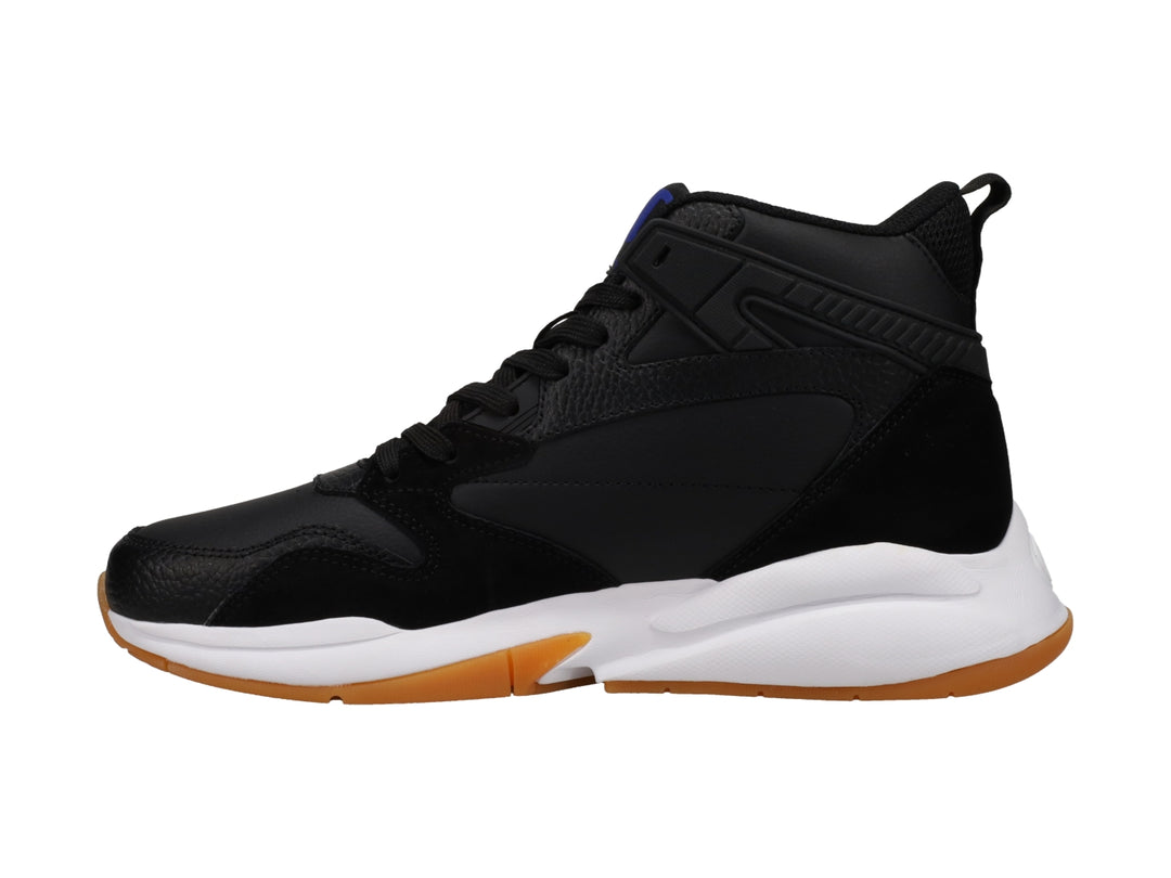 Tenis deportivos Champion de bota alta color negro con suela blanca y base de goma color miel.